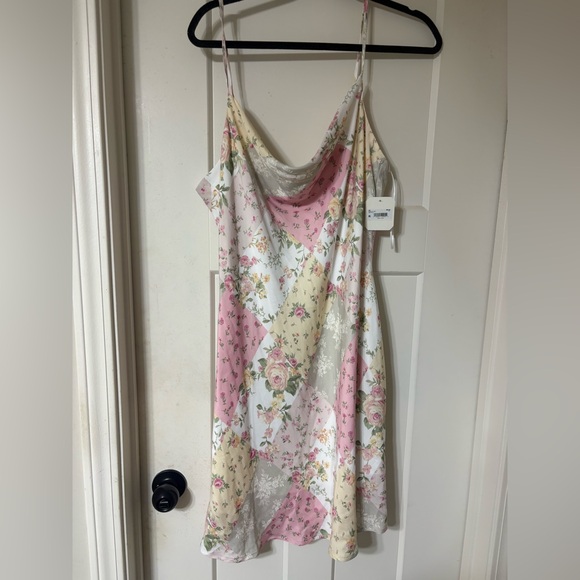 Altar'd State Dresses & Skirts - Altar’d State Floral Patchwork Satin Slip Dress - Pink & Cream